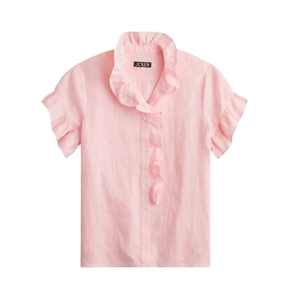 J. Crew Short-sleeve Cottage Top Women 2 Pink Linen Ruffle